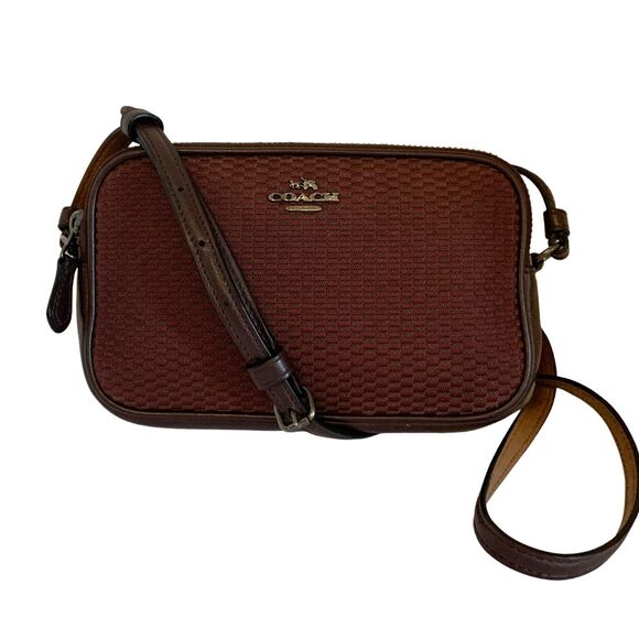 COACH LEGACY Jacquard/Leather Oxblood Burgundy Pouch Crossbody - Picture 1 of 12
